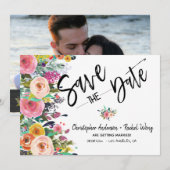 Floral Boho Wedding Script Photo Save the Date Kaart (Voorkant / Achterkant)