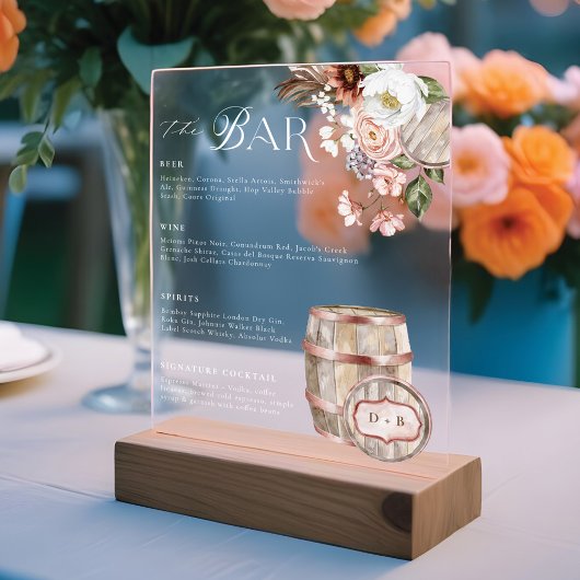 Floral Boho Western Land Bruiloft Drink Bar Menu Acryl Bord