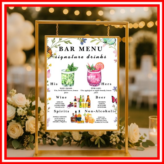 Floral Boho Wildflower Bar Menu Drink teken Poster