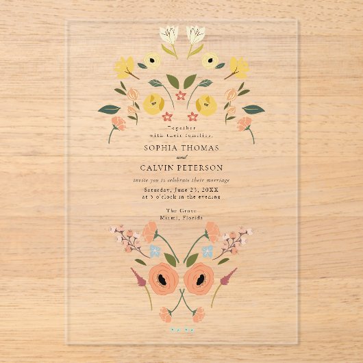 Floral Boho Wildflower bruiloft Acryl Uitnodigingen (Voorkant)