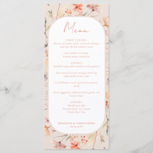 Floral Boho Wildflower bruiloft Menu (Voorkant)