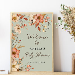 Floral Boho Wildflower Sage Green Baby shower Poster