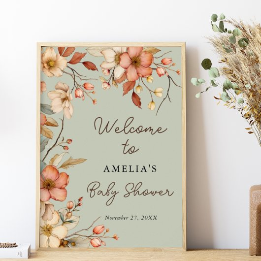 Floral Boho Wildflower Sage Green Baby shower Poster
