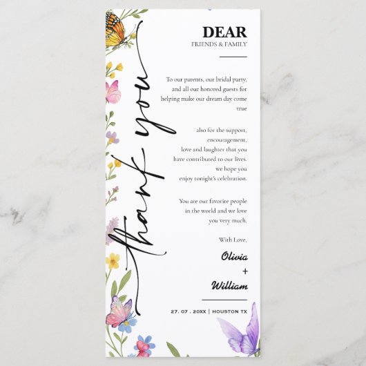 Floral Boho Wildflower Wedding Menu Bedankt Kaart (Achterkant)