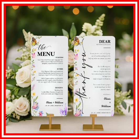 Floral Boho Wildflower Wedding Menu Bedankt Kaart