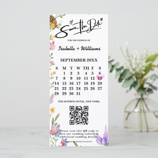 Floral Boho Wildflower Wedding QR Bewaar de datum (Staand voorkant)