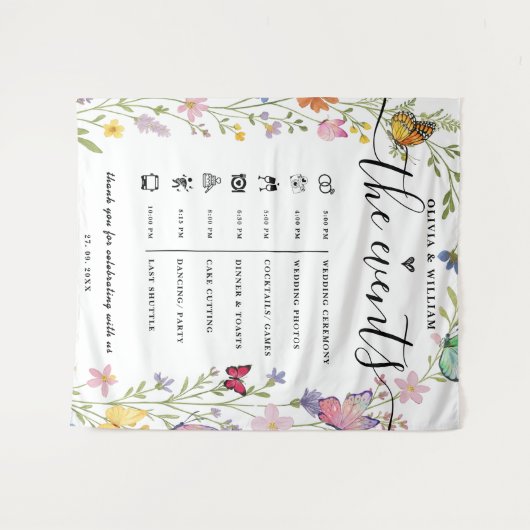 Floral Boho Wildflowers Orde van Evenementen Trouw Wandkleed (Voorkant (horizontaal))