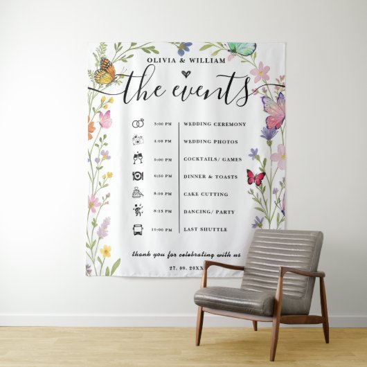 Floral Boho Wildflowers Orde van Evenementen Trouw Wandkleed (In situ)