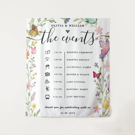 Floral Boho Wildflowers Orde van Evenementen Trouw Wandkleed (Voorkant)