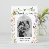 Floral Boho Wildflowers Vlinders Fotobruiloft Bedankkaart (Staand voorkant)