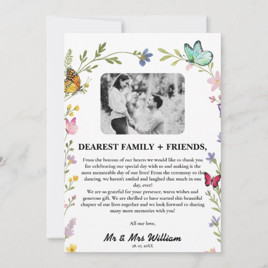 Floral Boho Wildflowers Vlinders Fotobruiloft Bedankkaart (Achterkant)