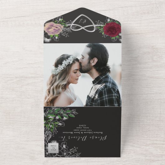 Floral Boho Zwart-wit bruiloft All In One Uitnodiging (Buitenkant)