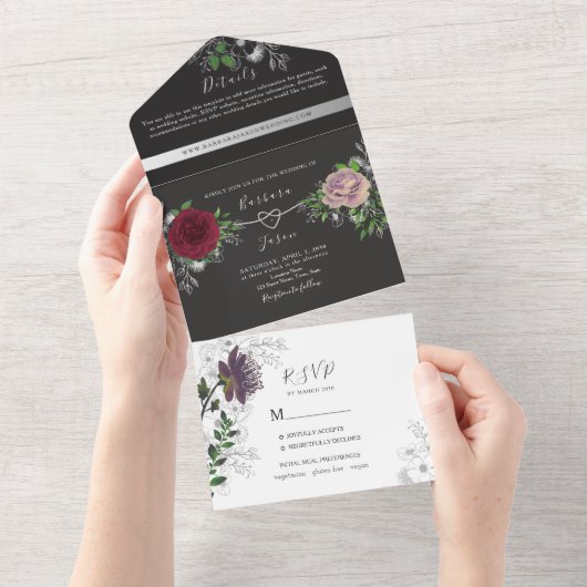 Floral Boho Zwart-wit bruiloft All In One Uitnodiging (Afscheurbaar)