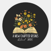 Floral Book A New Chapter Begins Retired Retiremen Ronde Sticker (Voorkant)