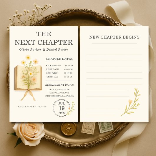 Floral Books Next Chapter Begins Engagement Party Kaart