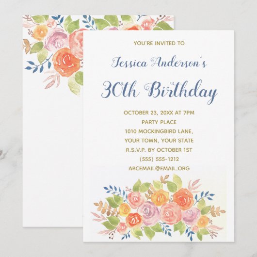 Floral Boquet Thirtieth 30th Birthday Invite Kaart (Voorkant / Achterkant)