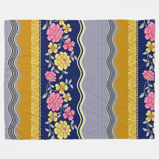 Floral Border Blue Background Zig Zag Pattern Fleece Deken (Voorkant (Horizontaal))