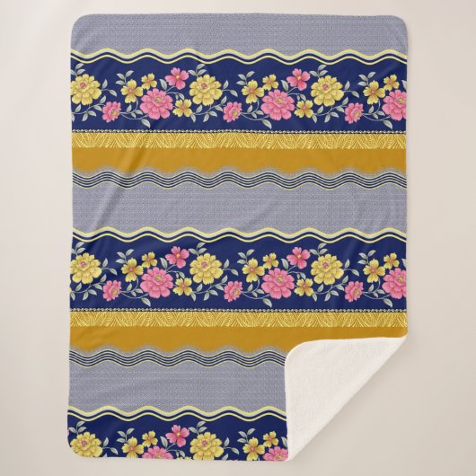 Floral Border Blue Background Zig Zag Pattern Sherpa Deken (Voorkant)