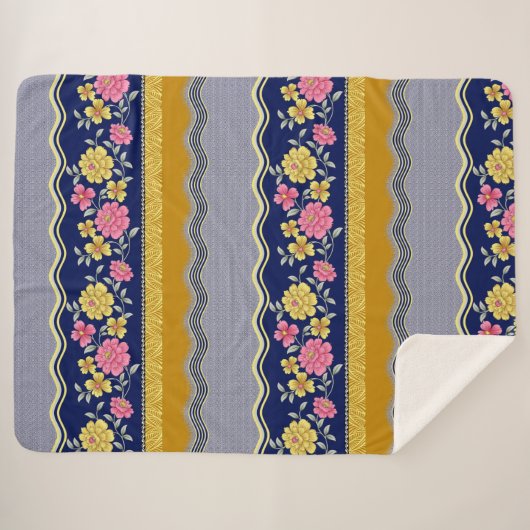 Floral Border Blue Background Zig Zag Pattern Sherpa Deken (Voorkant (horizontaal))