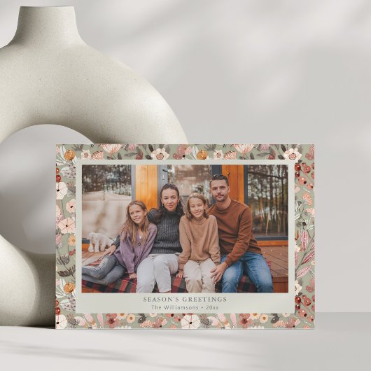 Floral Border Cozy Neutral Family Christmas Custom Feestdagenkaart