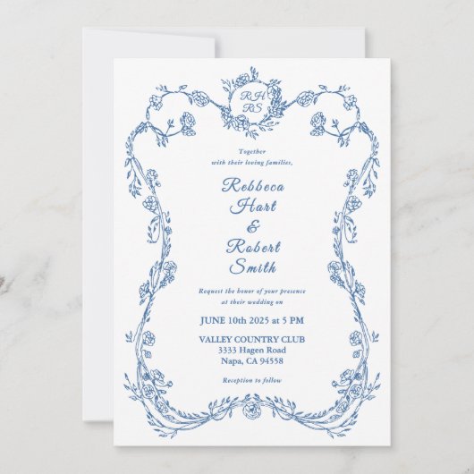Floral Border Frans Toile Blauw Uitnodiging 03 (Voorkant)