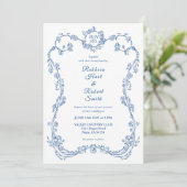 Floral Border Frans Toile Blauw Uitnodiging 03 (Staand voorkant)