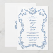Floral Border Frans Toile Blauw Uitnodiging 03 (Voorkant / Achterkant)