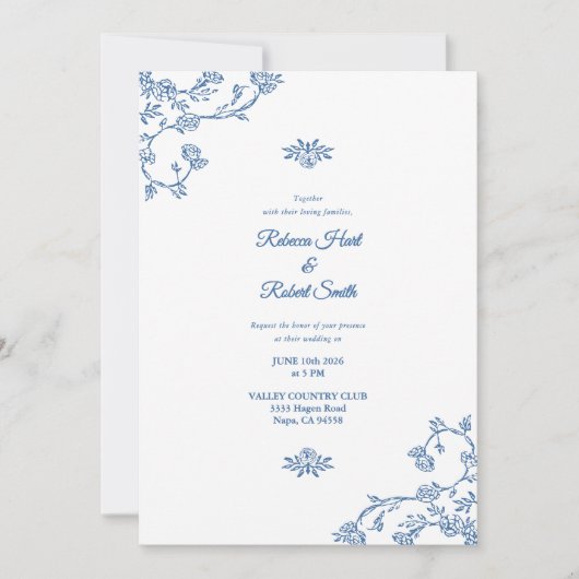 Floral Border Frans Toile Blauw Uitnodiging 04 (Voorkant)