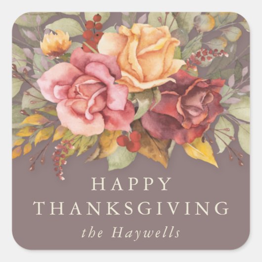 Floral Border Happy Thanksgiving Vierkante Sticker (Voorkant)