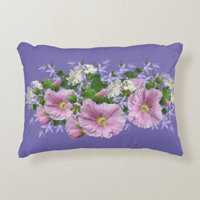 Floral Border Hollyhocks op Periwinkle Background Accent Kussen (Voorkant)