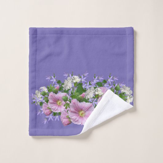 Floral Border Hollyhocks op Periwinkle Background Bad Handdoek (Wasdoekje)