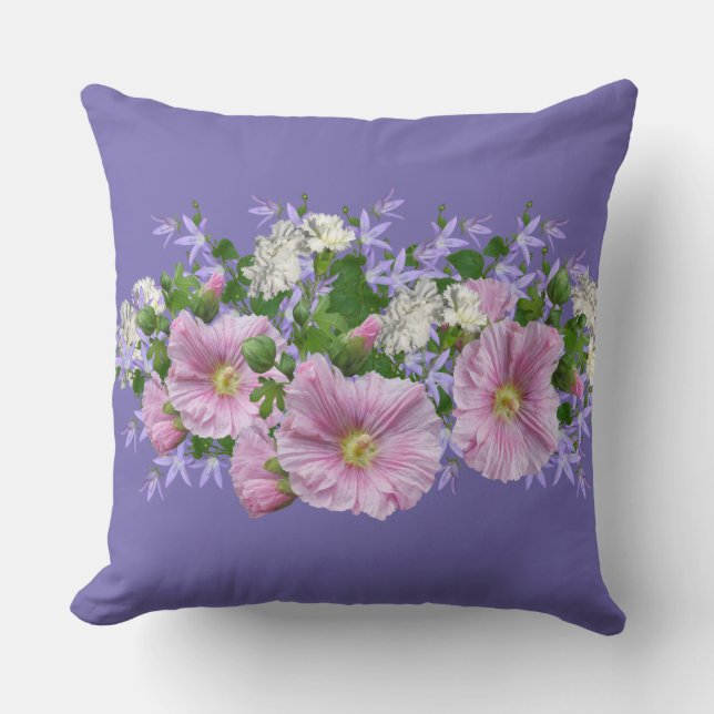 Floral Border Hollyhocks op Periwinkle Background Kussen (Voorkant)