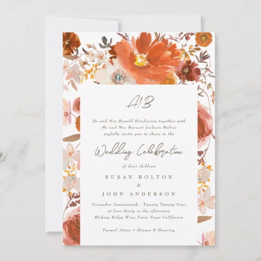 Floral Border White Grey Terracotta Monogram Kaart (Voorkant)