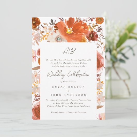 Floral Border White Grey Terracotta Monogram Kaart (Staand voorkant)