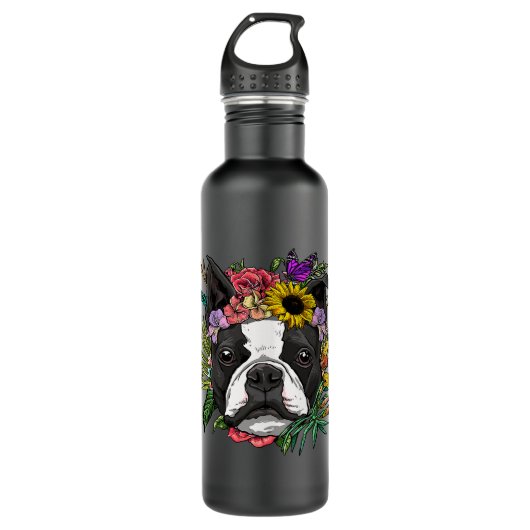 Floral Boston Terrier Botanical Plant Flower Puppy Waterfles (Voorkant)