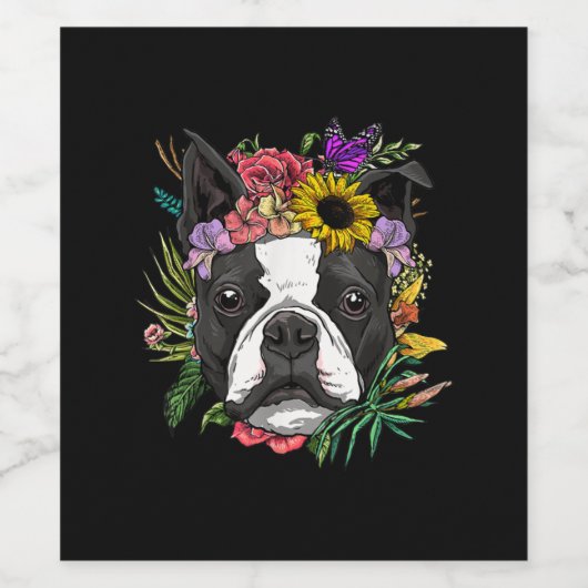 Floral Boston Terrier Dog Spring Natuur Hondenlief Wijn Etiket (Enkel label)