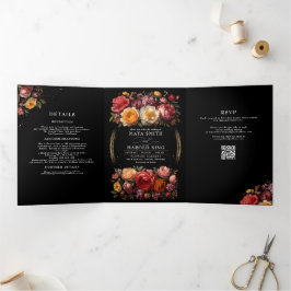 Floral Botanical Black Moody Luxe Huwelijk Drieluik Uitnodiging