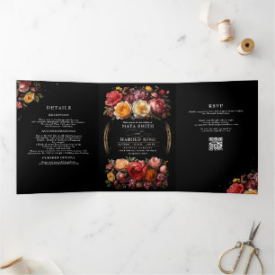 Floral Botanical Black Moody Luxe Huwelijk Drieluik Uitnodiging