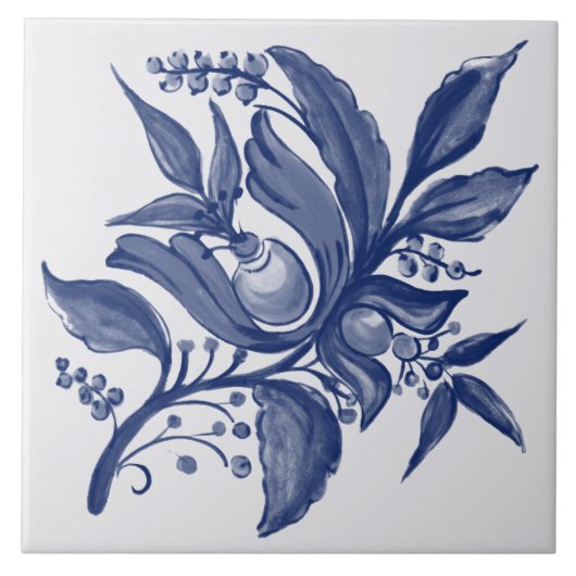 Floral Botanical Blue White Folk Design Tegeltje (Voorkant)