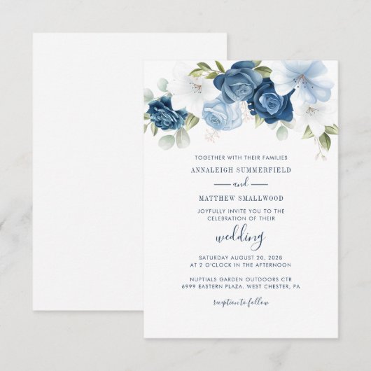 Floral Botanical Dusty Blue Greenery Wedding Kaart (Voorkant / Achterkant)