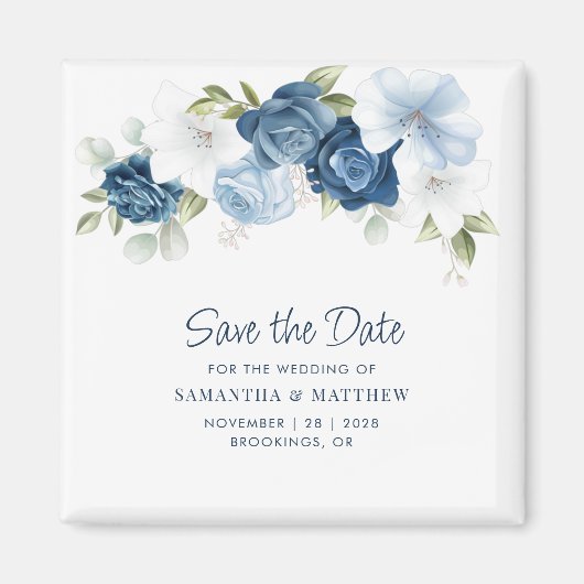 Floral Botanical Dusty Blue Save the Date Keepslag Magneet (Voorkant)
