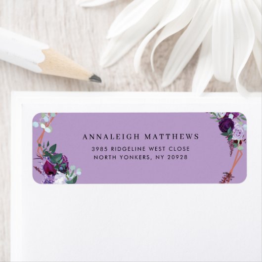 Floral Botanical Elegant Paarse Retour Adres Etiket (Insitu)