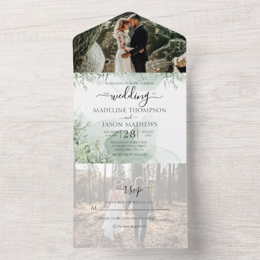 Floral Botanical Greenery Eucalyptus Fotobruiloft All In One Uitnodiging (Binnen)