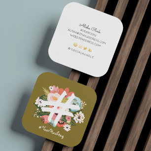 Floral Botanical Hashtag Olive Green Social Media Vierkante Visitekaartje