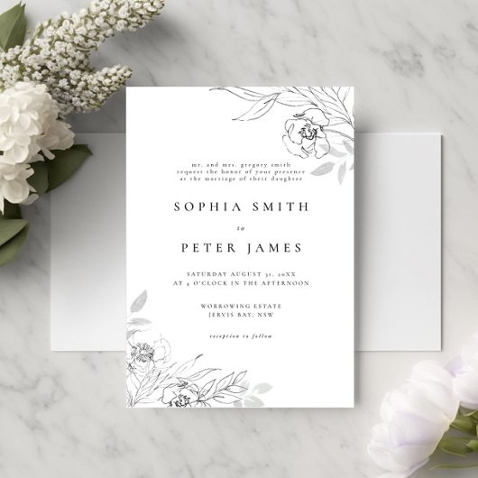 Floral Botanical Illustration Wedding Invitation Kaart