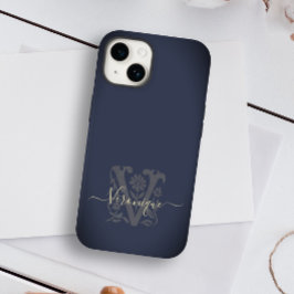 Floral Botanical Navy Blue & Gold V Name Monogram Case-Mate iPhone 14 Hoesje