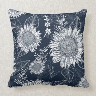 Floral Botanical Navy Blue Sunflower Sierkussen