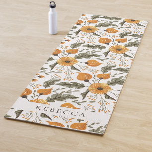 Floral Botanical Pattern Golden Green Custom Name Yogamat