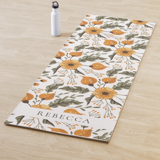 Floral Botanical Pattern Golden Green Custom Name Yogamat (In situ)