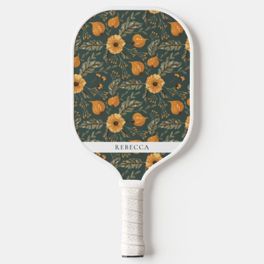 Floral Botanical Pattern Green Golden Custom Name Pickleball Paddle (Voorkant)